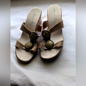Montego Bay Club Wedge Sandals Women 7W Beige  with Embellishments Church Y2K